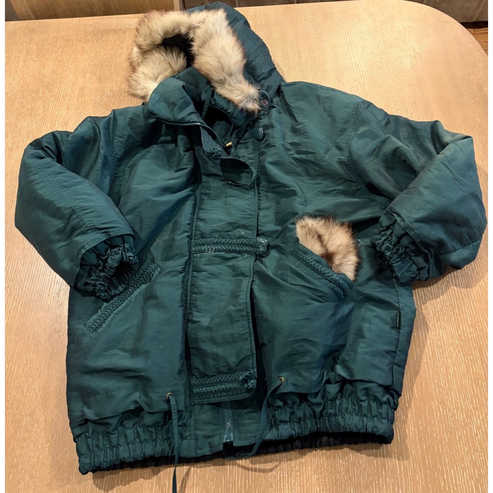 Vintage IZZI Women's Medium Teal Green Faux Fur Hood Winter Jacket Coat 90s